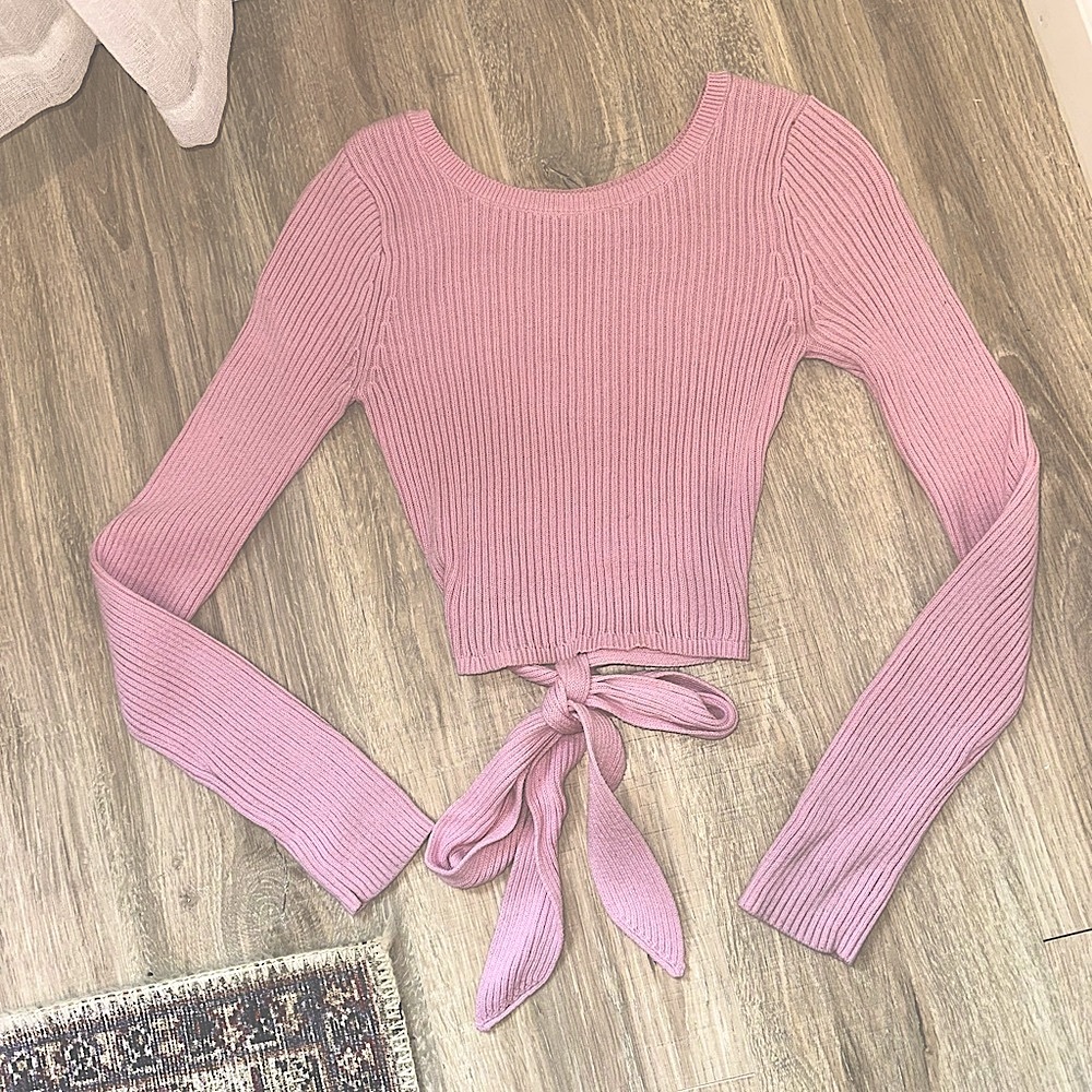 Pink Ribbed Knit Tie-Front Top